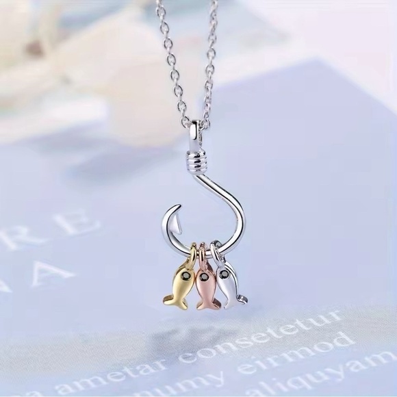 925 Sterling Silver Boho Minimalist Tri Metal Color Fish On A Hook Necklace - Picture 10 of 11